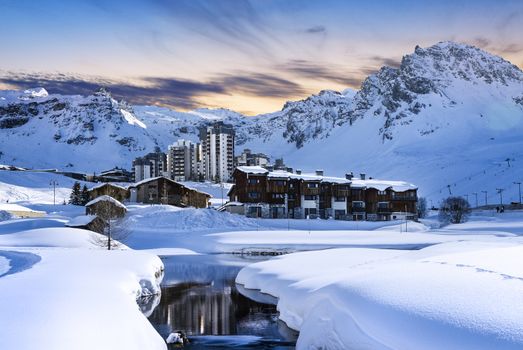 Evening landscape and ski resort in French Alps,Tignes, France 