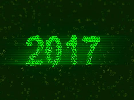 Happy new year 2017 isolated numbers written with light on black tech geometric background.