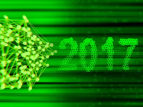 Happy new year 2017 isolated numbers written with light on black tech geometric background.