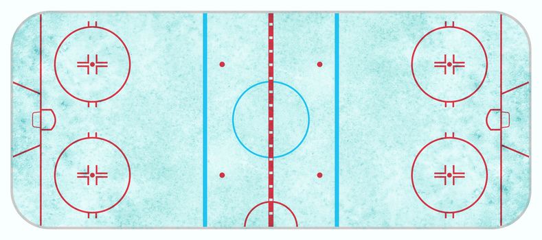 An aerial view of a blue textured ice hockey rink with regulation lines.