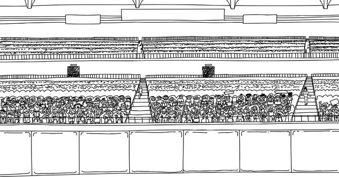 Large cartoon outline of stadium with diverse crowd under blank scoreboard signs