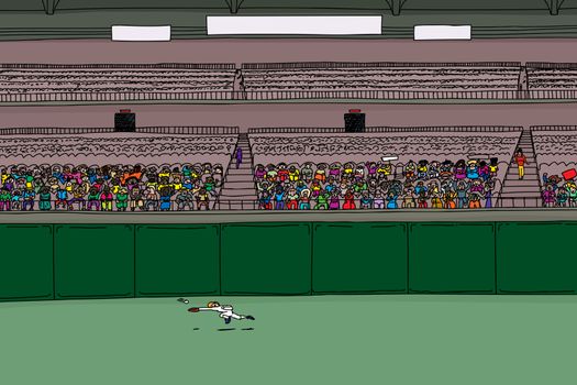 Outfielder leaping for ball in large cartoon illustration of stadium with blank scoreboard signs