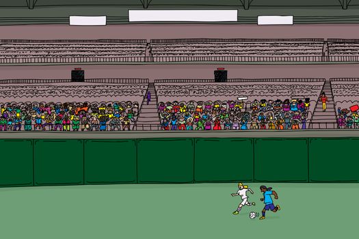 Illustration of soccer players running after ball at stadium with large diverse crowd under blank scoreboard