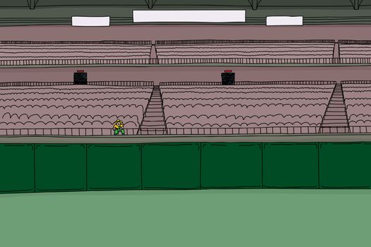 Cartoon illustration of large stadium with single fan in front of empty playing field