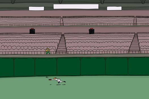 Cartoon illustration of single male spectator sitting as baseball player chases ball in outfield