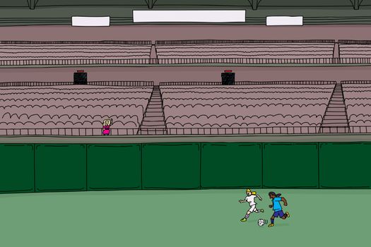 Doodle cartoon of empty stadium with single waving fan and two soccer players chasing a ball