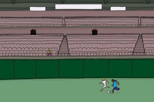 Illustration of single man in bleachers watching two female soccer players chase a ball