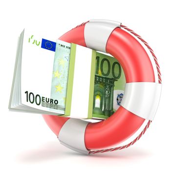 Life buoy with euros banknote. 3D render illustration isolated on a white background