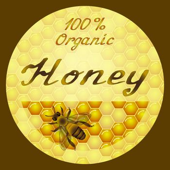 Vector honey round label design. Honeycombs texture background. Bee on honeycomb background. Hand lettering. Template for honey package, tag or wrapping.