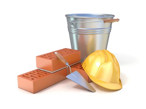 Fragment of red brick wall, trowel, metal bucket and safety helmet, isolated on white background. Concept of construction industry