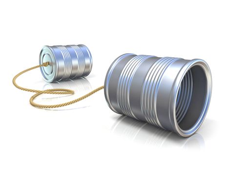 Communication concept: tin can children telephone with rope. 3D render illustration isolated on white background