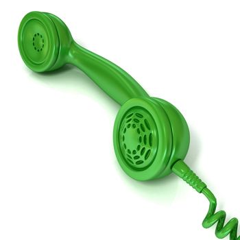 Green telephone handset, retro illustration for design, isolated on white background, outgoing call