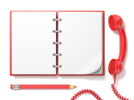 Red vintage telephone, pencil and notebook. 3D render illustration isolated on white background