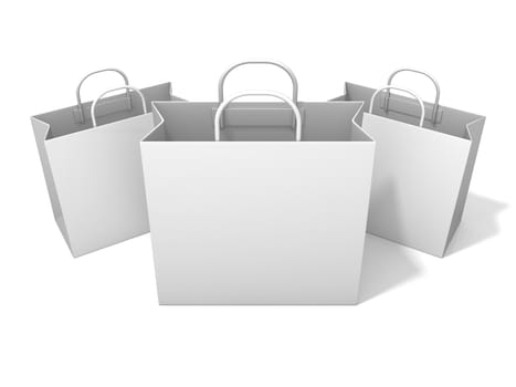 Three empty shopping paper bag, isolated on white. Front view