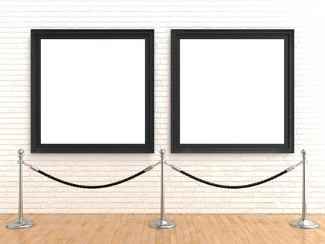 Two blank picture frame on brick wall, with stand rope barriers, 3D rendering illustration isolated on white background