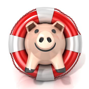 Piggy bank with lifebuoy. Isolated on white. Front view