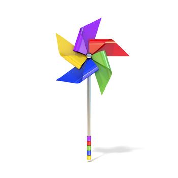 Pinwheel toy, five sided, differently colored vanes. 3D render illustration isolated on white background