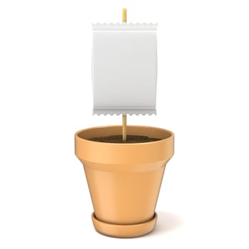 Clay plant pot with blank paper sign on wooden stick. 3D render illustration isolated on white background