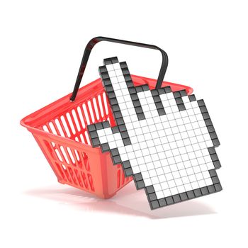 Shopping basket and pointing hand cursor. Internet commerce concept. 3D illustration isolated on white background