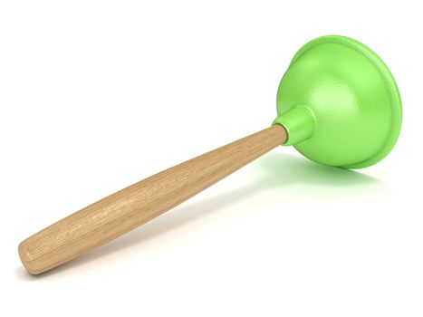 Green rubber toilet plunger. 3D render illustration isolated on white background