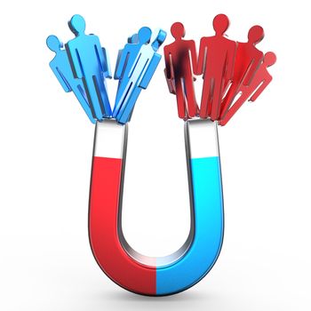 People magnet attracting two different colored people shapes. Attraction concept. 3D render illustration isolated on white background