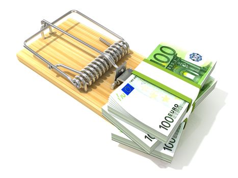 Stack of hundreds euros, like bait, in wooden mousetrap. 3D rendering illustration, isolated on white background.