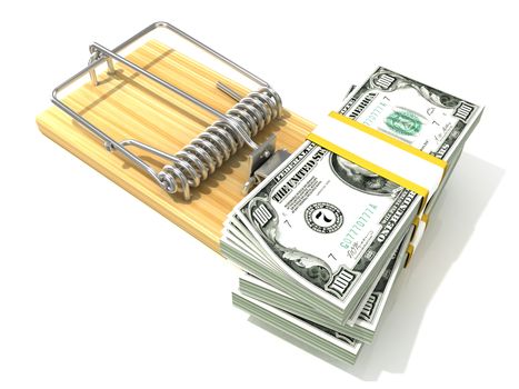 Stack of hundreds dollars, like bait, in wooden mousetrap. 3D rendering illustration, isolated on white background.