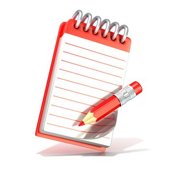 Red pencil and notepad. 3D render isolated on white background