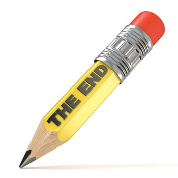 Yellow pencil THE END concept. 3D render illustration isolated on white background