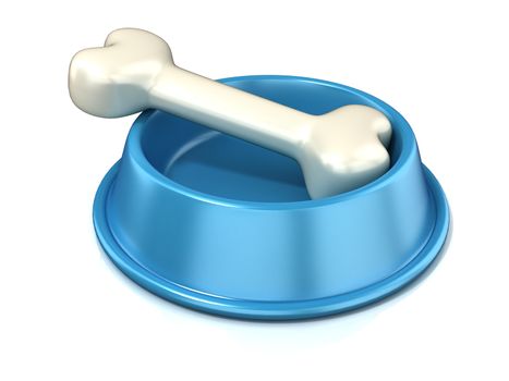 Blue dog bowl with bone, 3D render illustration, isolated on white background