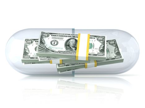 Transparent pill capsule, with dollars stack inside. Isolated on white background. 3D render illustration