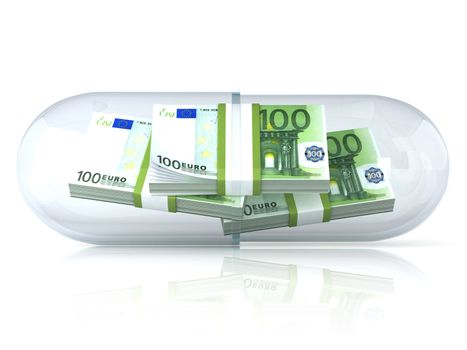 Transparent pill capsule, with euros stack inside. Isolated on white background. 3D render illustration