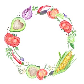 Circle vegetarian frame made of tomatoes, chilly, onion, avocado and parsley for menu, kitchen print design