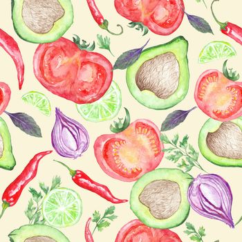 Seamless watercolor texture with vegan healthy food of mexican cuisine on white background