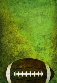 A green textured American football field background with ball. Room for copy.
