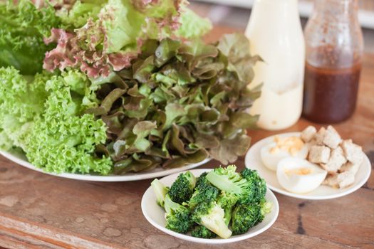 Fresh hydroponic vegetables on wooden table, stock photo