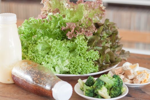 Fresh hydroponic vegetables on wooden table, stock photo