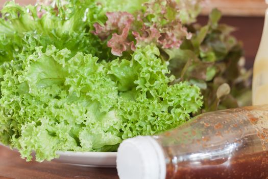 Fresh hydroponic vegetables on wooden table, stock photo