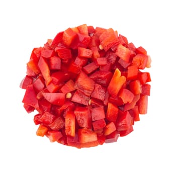 Chopped red peppers isolated on white. Top view.