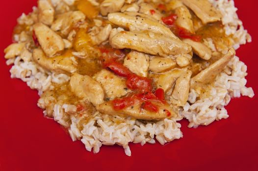 Meat with rice on the red plate