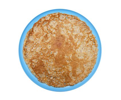 Pancake on the blue plate isolated on the white background