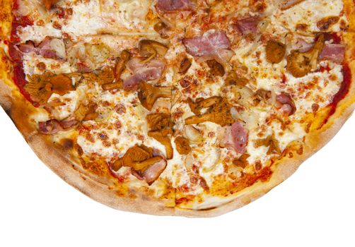 Pizza with chanterelles isolated on the white background