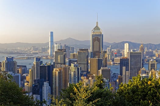 Hong Kong cityscape harbor view at sunset