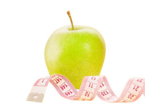 Measuring tape and delicious green apple isolated on white background. Diet or healthy eating concept.