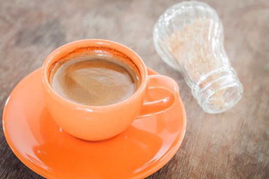 Hot coffee on wooden table, stock photo