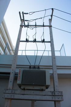 High voltage equipment on an electric pole.