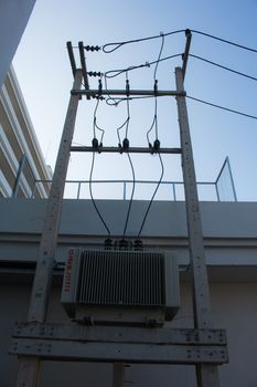 High voltage equipment on an electric pole.