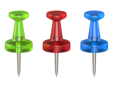 Color push pins. Front view. 3D render illustration isolated on white background