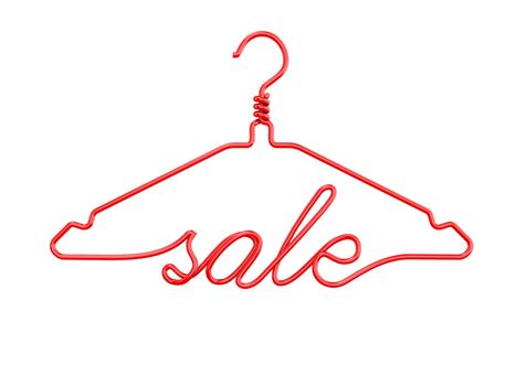 Red wire clothes hangers with message - SALE. 3D render isolated on white background.
