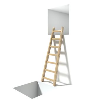 Wooden ladder, window and hole. Abstract hopelessness concept. 3D render illustration isolated on white background